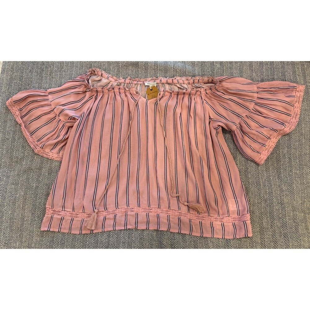 NWT American Eagle Off-The-Shoulder Pink Striped Blouse W/ Lace Details - M
